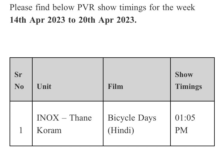 kanthisback's tweet image. #BicycleDays - Directed by #DevyaniAnant 

Distributed by #Arunkanth of  #InfoPlutoMediaWorks 

In cinemas 14th Apr 2023. 

Mumbai &amp;amp; Thane screen confirmed ! 

More screens confirmations coming soon. 

@_PVRCinemas @INOXMovies