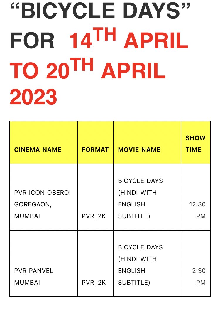 kanthisback's tweet image. #BicycleDays - Directed by #DevyaniAnant 

Distributed by #Arunkanth of  #InfoPlutoMediaWorks 

In cinemas 14th Apr 2023. 

Mumbai &amp;amp; Thane screen confirmed ! 

More screens confirmations coming soon. 

@_PVRCinemas @INOXMovies