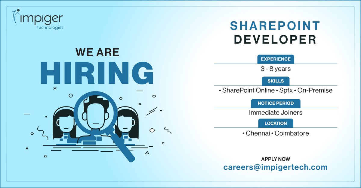 We are #hiring

We are looking for immediate joiners for SharePoint developers to help us keep growing. Know anyone who might be interested?

#impigertechnologies #hiringnow #dotnetjobs #sharepointdeveloper