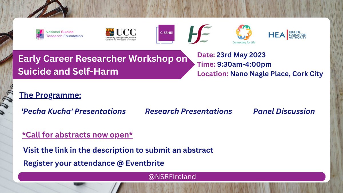 Working in the area of #SuicidePrevention?

Join us for the @c_sshri Early Career Researcher Workshop on Suicide & Self-Harm on Tuesday 23rd May 2023 in @NanoNaglePlace! 

▶️Register here: tinyurl.com/yzhmycyu

▶️Abstract Submission: tinyurl.com/ydzkaazn

#ConnectingforLife