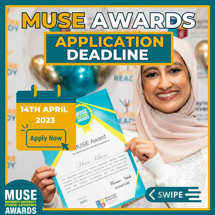 mu_futureready's tweet image. The application deadline for the MUSE Awards 2023 is this FRIDAY! 📣 🏆 
Everything you need to know is provided in this post. Swipe for more information ⬅️ 

#Maynoothuni #Maynoothclubsandsocs #MUSEAwards2023