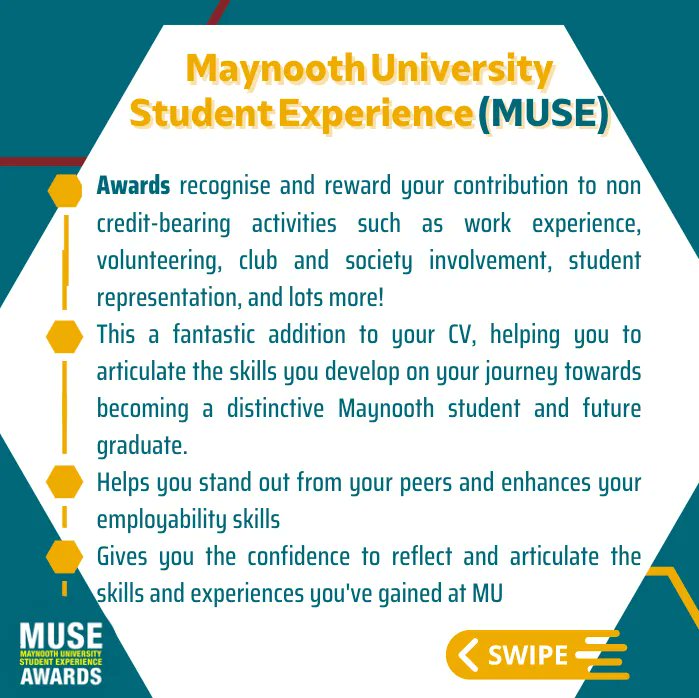 mu_futureready's tweet image. The application deadline for the MUSE Awards 2023 is this FRIDAY! 📣 🏆 
Everything you need to know is provided in this post. Swipe for more information ⬅️ 

#Maynoothuni #Maynoothclubsandsocs #MUSEAwards2023