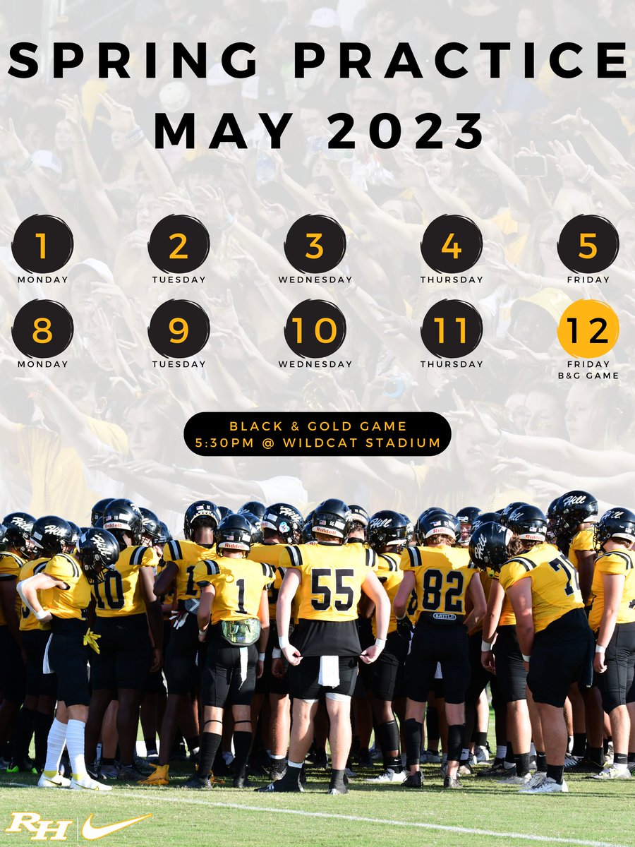 2023 Spring Practice Schedule

9 Practice Opportunities
Black &amp; Gold Game
1% better every day

Go Cats!! #BTH #STS