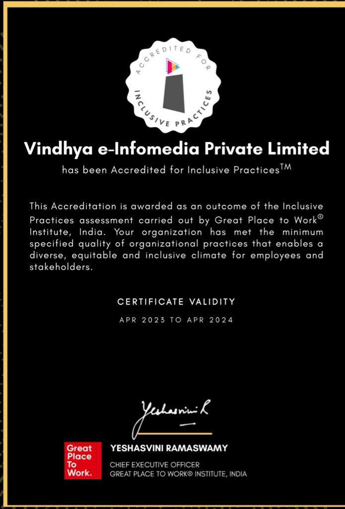 We are thrilled to announce that we have been accredited by Great Place to Work Institute® for our Inclusive Practices! This recognition is a testament to our ongoing commitment to creating an environment where all individuals feel valued and supported. #Vindhyaeinfomedia