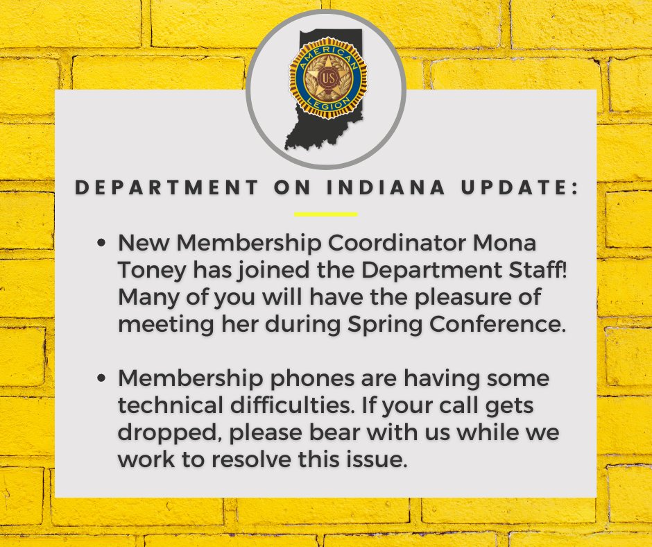 New Membership Coordinator Mona Toney has joined the Department Staff! Many of you will have the pleasure of meeting her during Spring Conference.

Membership phones are having technical difficulties. If your call gets dropped, please bear with us while we work to resolve this.