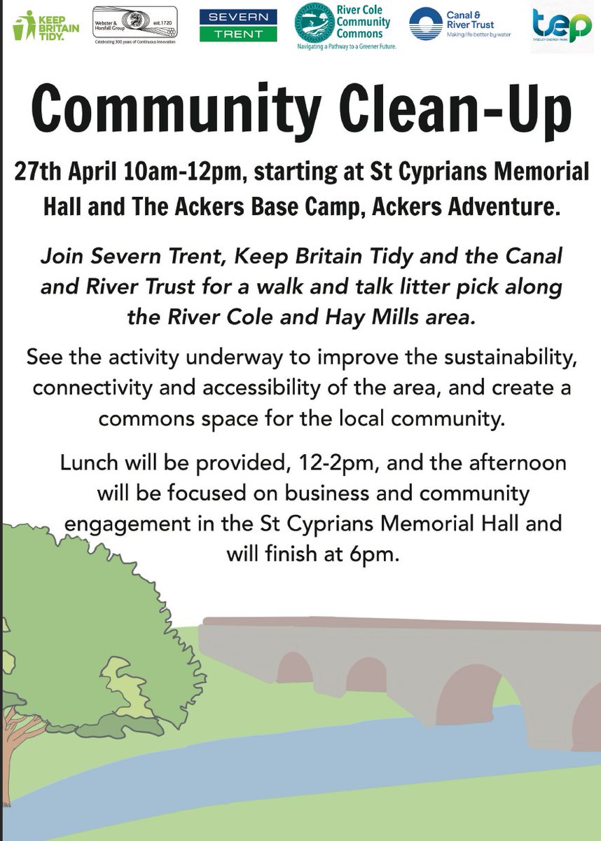 In 2 weeks’ time the River Cole Community Clean-Up will be taking place. Join us for half an hour or the whole morning on 27/04 10am-12pm.

See all the work that has taken place to improve access to the area for the community and beyond. 

#litterpick #RiverCole #KeepBritianTidy