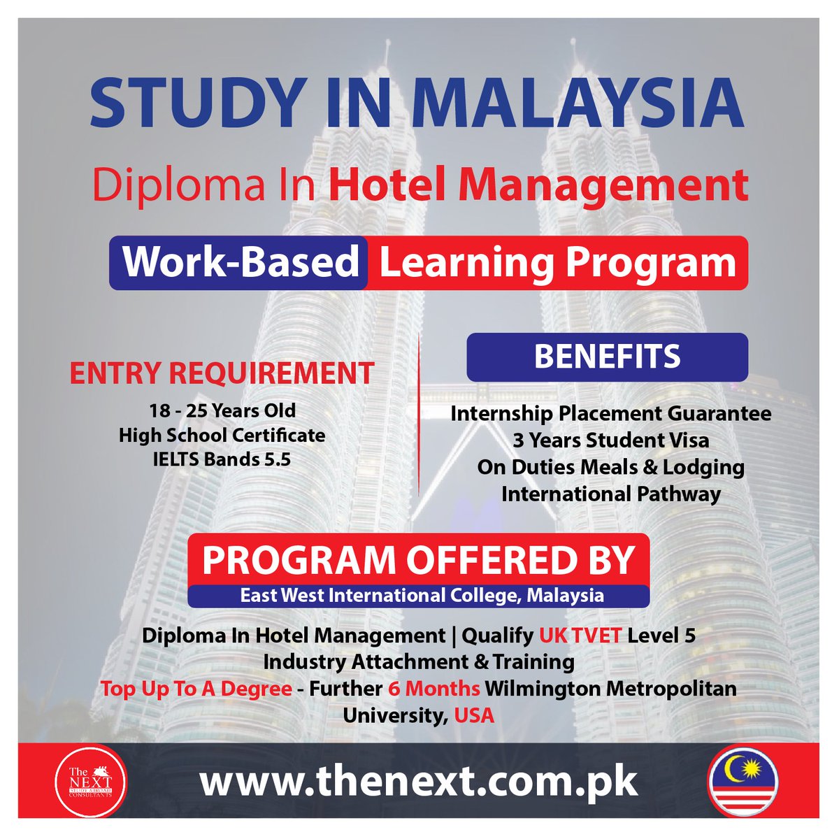 #StudyInMalaysia🇲🇾

#EastWestInternationalCollege🏛️

👉Diploma In #HotelManagement
🟢Top Up To A Degree -Further 6 Months In USA
🟢 Work-Based Learning

✅thenext.com.pk

#Studyabroad #Malaysia #TopUniversitiesInMalaysia #Study #WorkInMalaysia #StudyAbroadConsultants