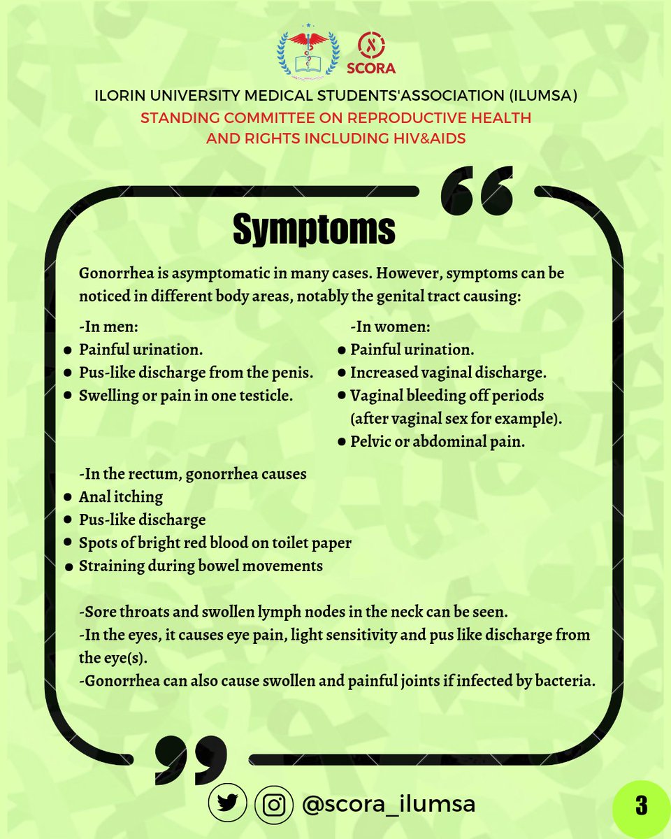 SCORA_ILUMSA's tweet photo. ❣️❣️❣️❣️❣️❣️❣️❣️

It's Day 4 of our Online Awareness Campaign!🤸🏾‍♀️🤸🏾‍♀️🤸🏾‍♀️🤸🏾‍♀️

Today, our focus is on Gonorrhea.

Quick Fact: Do you know Gonorrhea often has no symptoms but can cause serious health problems?🤫

Well, now you know.🫡 https://t.co/Egr6U7HltA