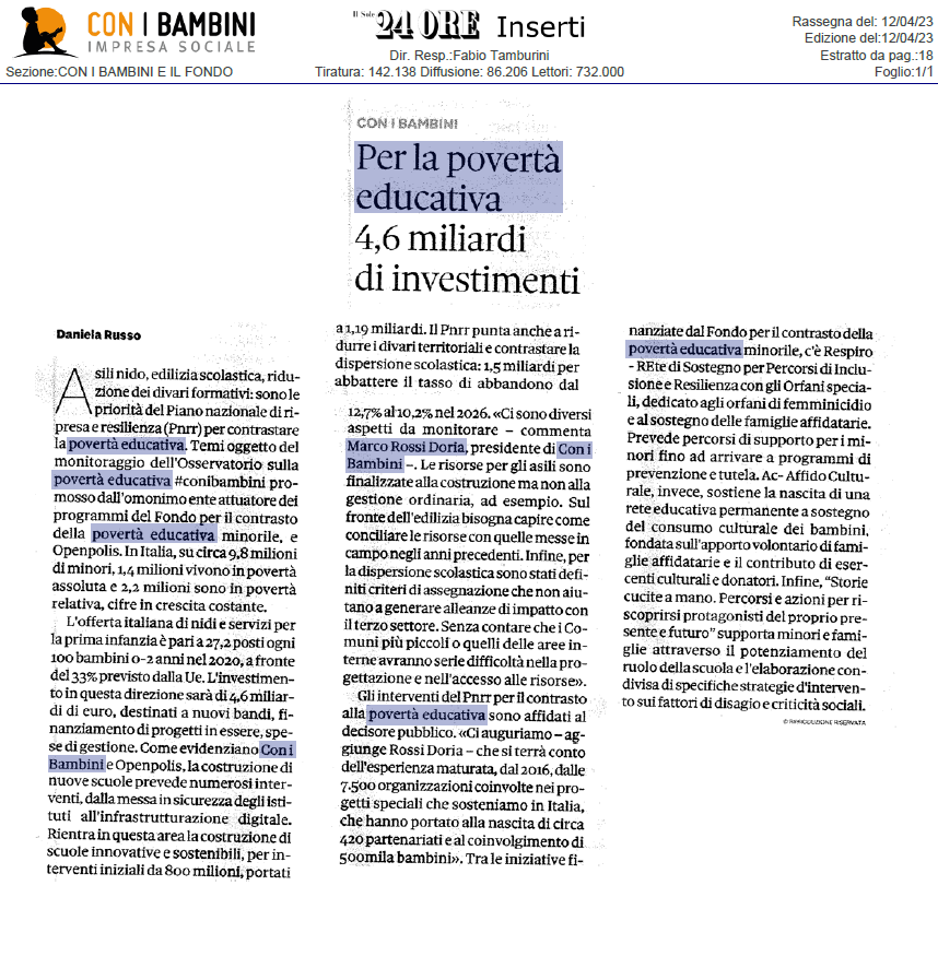 #12aprile Nell'inserto de "Il Sole 24 Ore" oggi in edicola, si parla del report di <a href="/openpolis/">openpolis</a> e #ConiBambini su #Pnrr e povertà educativa, con una intervista al presidente <a href="/rossidoria/">Marco Rossi-Doria</a> e un focus su alcuni progetti selezionati nell'ambito del Fondo ⬇️