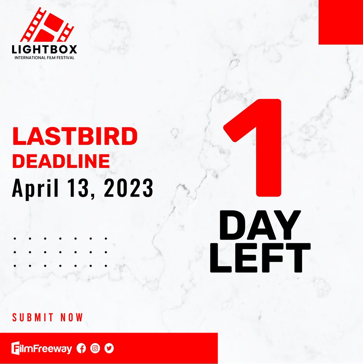 Hurry!! The clock is ticking⏰
Just 1 day  left 👈 before getting late submit now filmfreeway.com/LightboxIntern… 
 
🚩Use the Discount code LBIFF50 &amp; grab the offer.