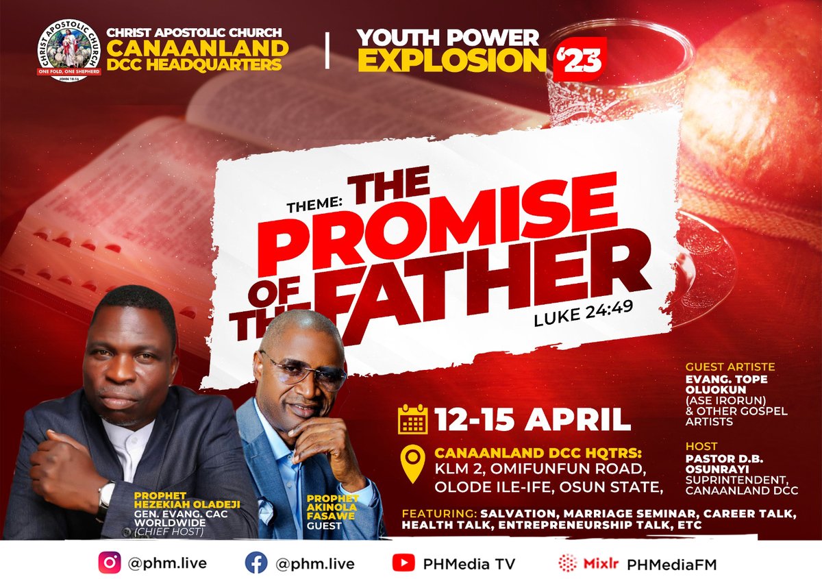 prophethezekiah's tweet photo. Youth Explosion 2023 edition is here!
Join us at CAC Canaanland DCC Headquarters as we receive the promise of the Father over our lives & for our generation.
Don't be left out!
#youthexplosion
#thefatherspromise
#caccanaanland
#officialprophethezekiah
#prophethezekiah
#PHMedia https://t.co/Y0py0mjrSU