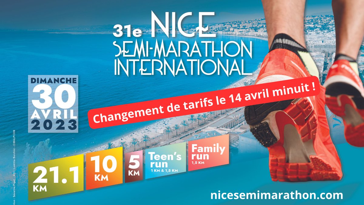 Changement de tarifs pour le 31e <a href="/SemiMarathon06/">Nice Semi-Marathon</a> le 14 avril prochain ! Vite ➡️nicesemimarathon.com <a href="/VilledeNice/">Ville de Nice</a> <a href="/ExploreNCA/">Explore Nice Côte d'Azur</a> <a href="/F3cotedazur/">France 3 Côte d'Azur</a> <a href="/VisitCotedazur/">Côte d'Azur France</a> <a href="/PetitesAffiches/">📙 Petites Affiches06</a> <a href="/BFMCotedazur/">BFM Nice Côte d'Azur</a> <a href="/Runningconseil/">Runningconseil</a>