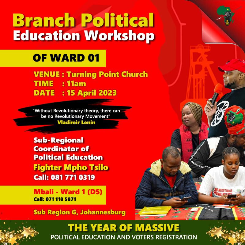 TovarishZulu's tweet photo. Skolo se tsoela pele, Moetapele. This program will increase political knowledge in all our branches. #SubRegionG #EFFTurns10 #VoteEFF @EFFSouthAfrica @phousta https://t.co/2OkyICbxaw