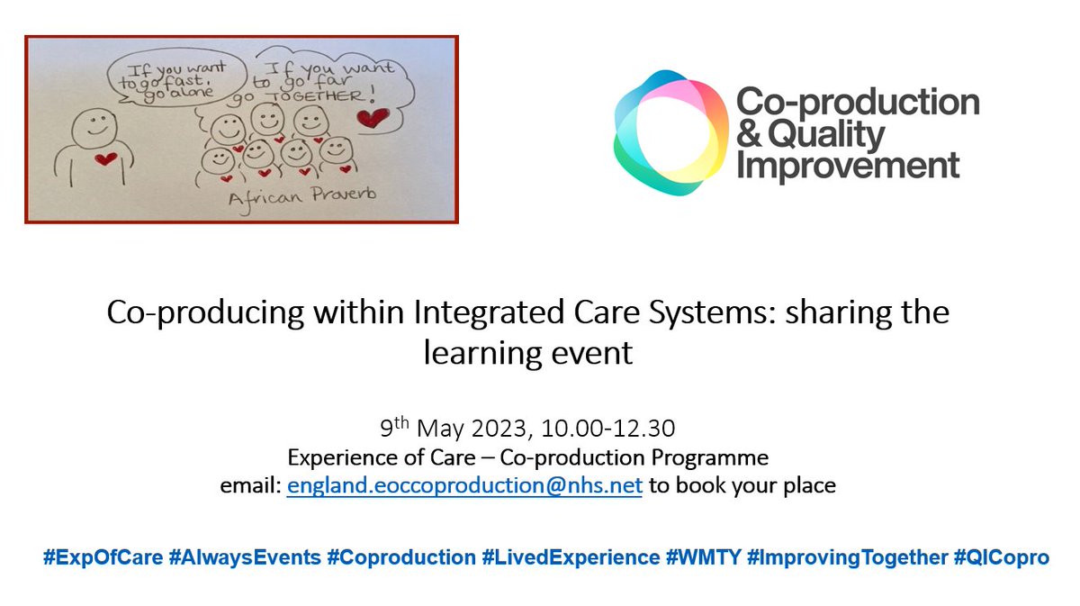 ✨#coproduction within integrated care systems sharing the learning event ✨Join us as 11 systems share their experience of co-producing improvements ✨9th May 2023 10-1230 ✨england.eoccoproduction@nhs.net for more information ✨#ImprovingTogether #LivedExperience