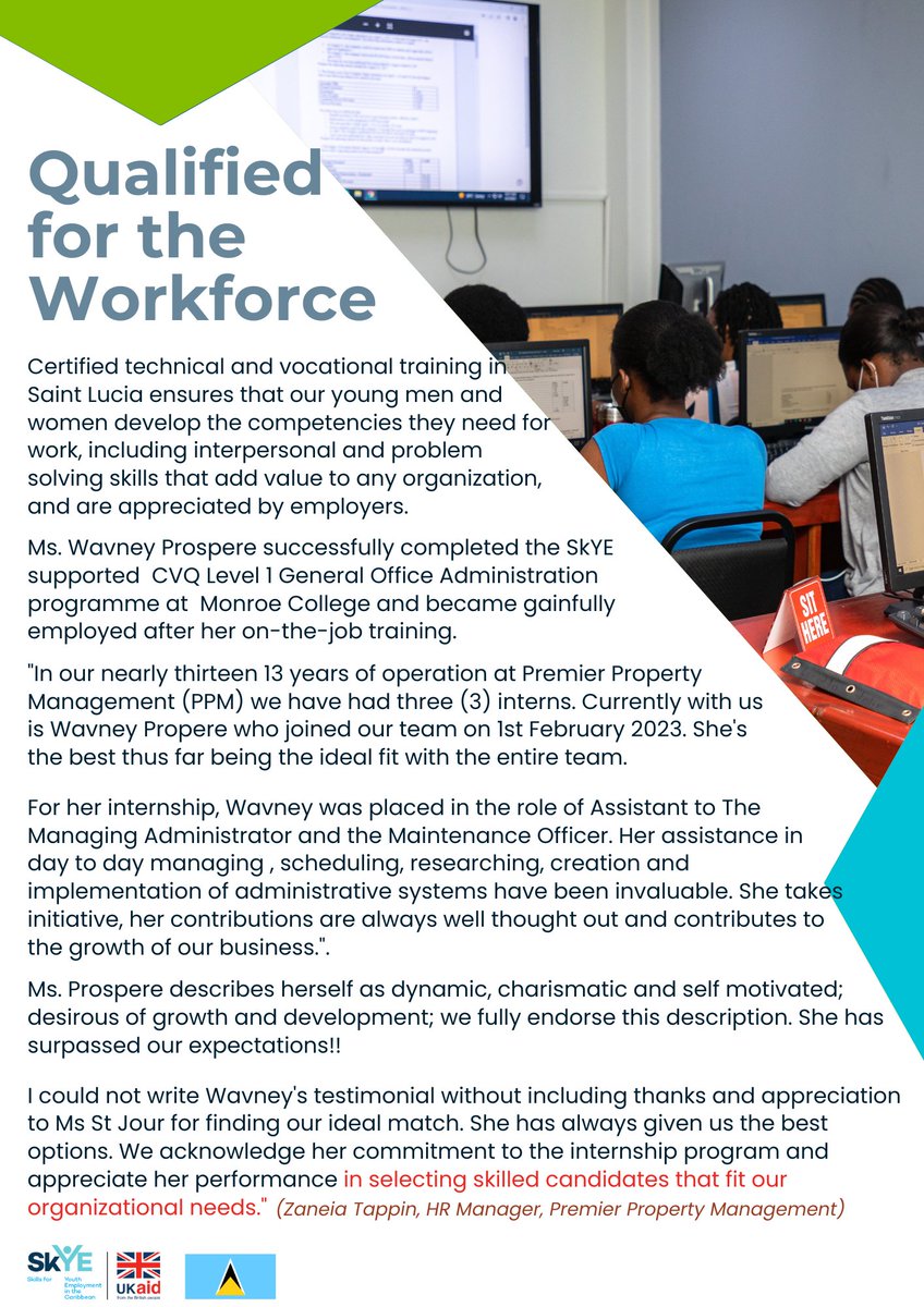 TVET certificates make a difference when employers value it because they know that graduates bring beneficial competencies to their business. A Saint Lucian Employer has seen this value with an employee who completed certificated training funded by SkYE skyecaribbean.com