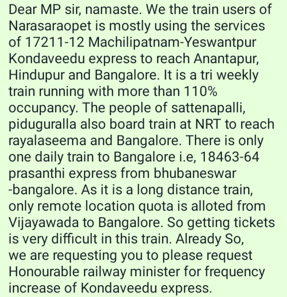 <a href="/SriKrishnaLavu/">Lavu Sri Krishna Devarayalu</a> <a href="/AshwiniVaishnaw/">Ashwini Vaishnaw</a> Sir, please fulfill this request for Narasaraopet PARLIAMENTARY PEOPLE. 17211-12 Kondaveedu express from tri weekly to daily. <a href="/drmvijayawada/">Vijayawada Division</a> @UppuluriC  <a href="/Vpriyathamchow1/">V.Priyatham Chowdary</a> <a href="/NarayanaNidhin/">MywayRailway</a> <a href="/Gangadh41297452/">Gangadhar</a> <a href="/drmgnt/">Guntur Division</a> <a href="/drmsbc/">DRM Bengaluru</a> <a href="/DrmBengaluru/">DRM Bengaluru</a> <a href="/SAIKARTHIK3350/">SAIKARTHIK KALLAKURI</a> <a href="/SWRRLY/">South Western Railway</a> <a href="/GMSWR/">GM SWR</a> <a href="/aditarth/">Ashok</a>