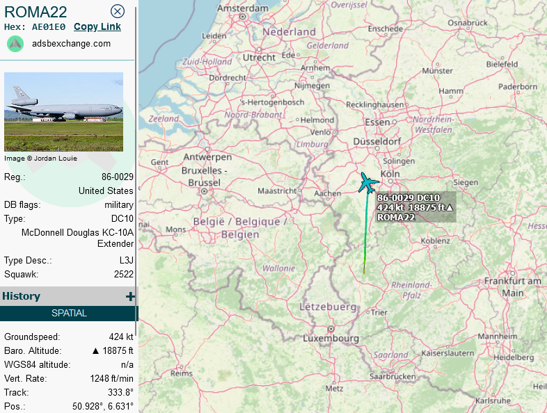 SirListenalot's tweet photo. #KC10 #AE01E0 as #ROMA22 out of Spangdahlem (for McGuire) will join up with a #KC135 as #ROMA21 plus some "AV" #F16's out of Mildenhall. KC10 #AE0221 as #ROMA32 should follow 30 minutes later (and join with KC135 #ROMA31 plus "AV"s) https://t.co/Iko1JWIhby