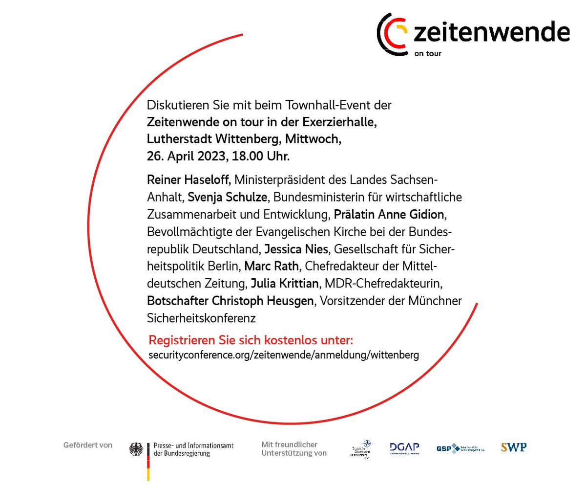Nico Lange (@nicolange_) on Twitter photo Was bedeutet die #Zeitenwende für Sachsen-Anhalt? #Zeitenwende on tour mit <a href="/reinerhaseloff/">Dr. Reiner Haseloff</a> <a href="/SvenjaSchulze68/">Svenja Schulze</a> Prälatin Anne Gidion, Marc Rath <a href="/mzwebde/">mz-web.de</a> <a href="/Jess_Nie_/">Jessica Nies</a> <a href="/JuliaKrittian/">Julia Krittian</a> <a href="/MDRAktuell/">MDRAktuell</a> @MSCheusgen am 26.04. in Lutherstadt Wittenberg. Hier anmelden: securityconference.org/zeitenwende/wi… Was bedeutet die #Zeitenwende für Sachsen-Anhalt? #Zeitenwende on tour mit <a href="/reinerhaseloff/">Dr. Reiner Haseloff</a> <a href="/SvenjaSchulze68/">Svenja Schulze</a> Prälatin Anne Gidion, Marc Rath <a href="/mzwebde/">mz-web.de</a> <a href="/Jess_Nie_/">Jessica Nies</a> <a href="/JuliaKrittian/">Julia Krittian</a> <a href="/MDRAktuell/">MDRAktuell</a> @MSCheusgen am 26.04. in Lutherstadt Wittenberg. Hier anmelden: securityconference.org/zeitenwende/wi…