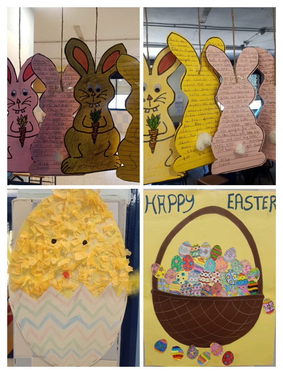 CEIP_TEODOSIO's tweet image. Muestra del trabajo de Pascua en el área de inglés del segundo ciclo. Expresión escrita sobre la descripción.
HAPPY EASTER! 
#easterbunny #eastereggs #writingexercise #learningothercultures #ceipteodosio