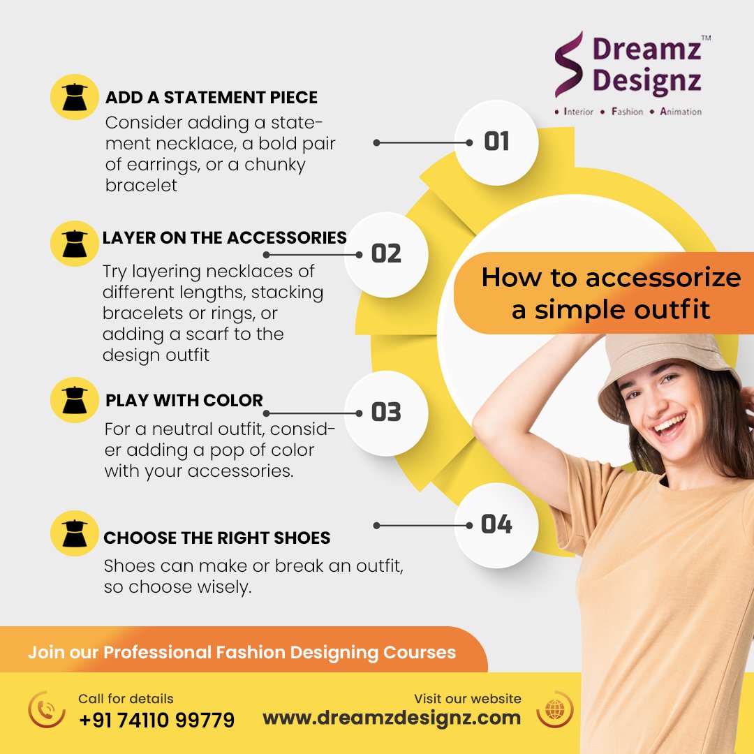designz_dreamz's tweet image. Fashion Designing: ​​How to accessorize a simple outfit.
         
Join our Professional Fashion Designing Courses
Talk to our Student Counsellor for more details.
Call us @ +91 74110 99779
.
.
.
#AccessorizingTips    #dreamzdesignz #Koramangala #Bangalore