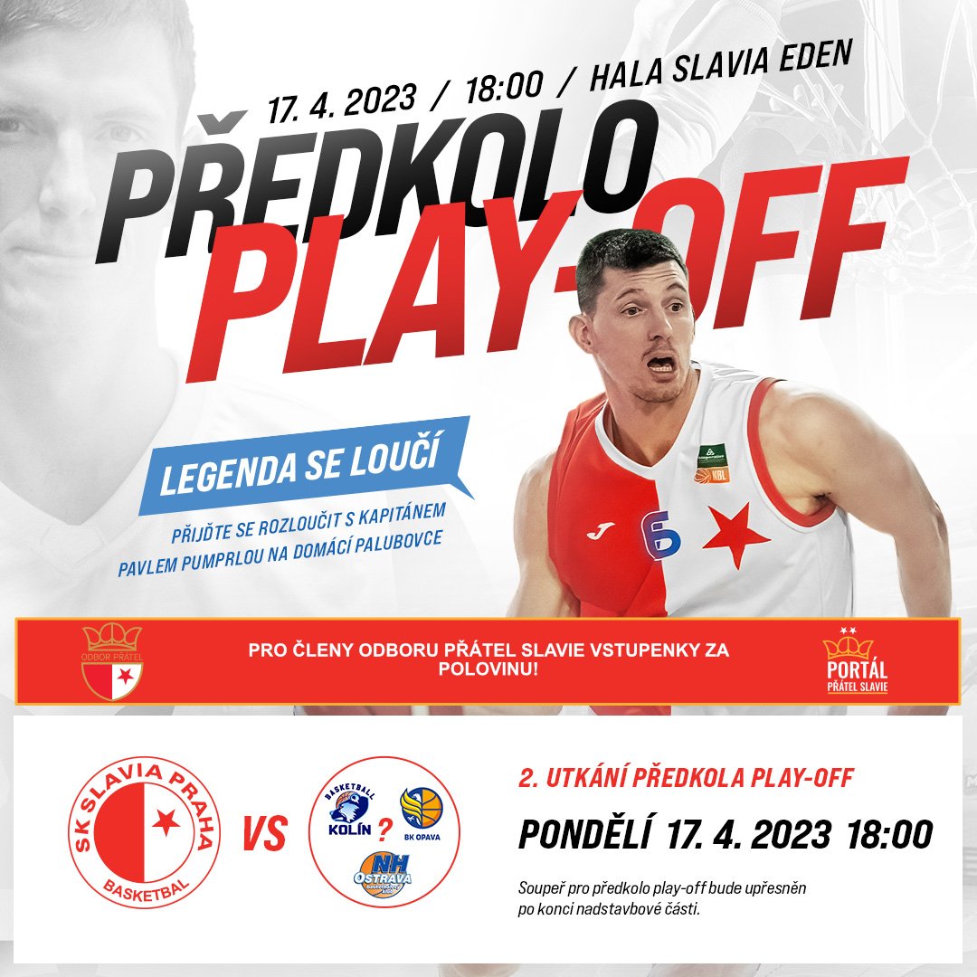odborpratel's tweet photo. Červenobílý basketbal se v premiérové sezóně v nejvyšší soutěži probojoval do předkola play-off!

Domácí utkání se bude hrát v pondělí 17.4. od 18:00 v Edenu! 

Členové Odboru přátel Slavie mohou zakoupit vstupenku s 50% slevou!

https://t.co/CLuLnIDZFF https://t.co/3oBm0FaiMJ