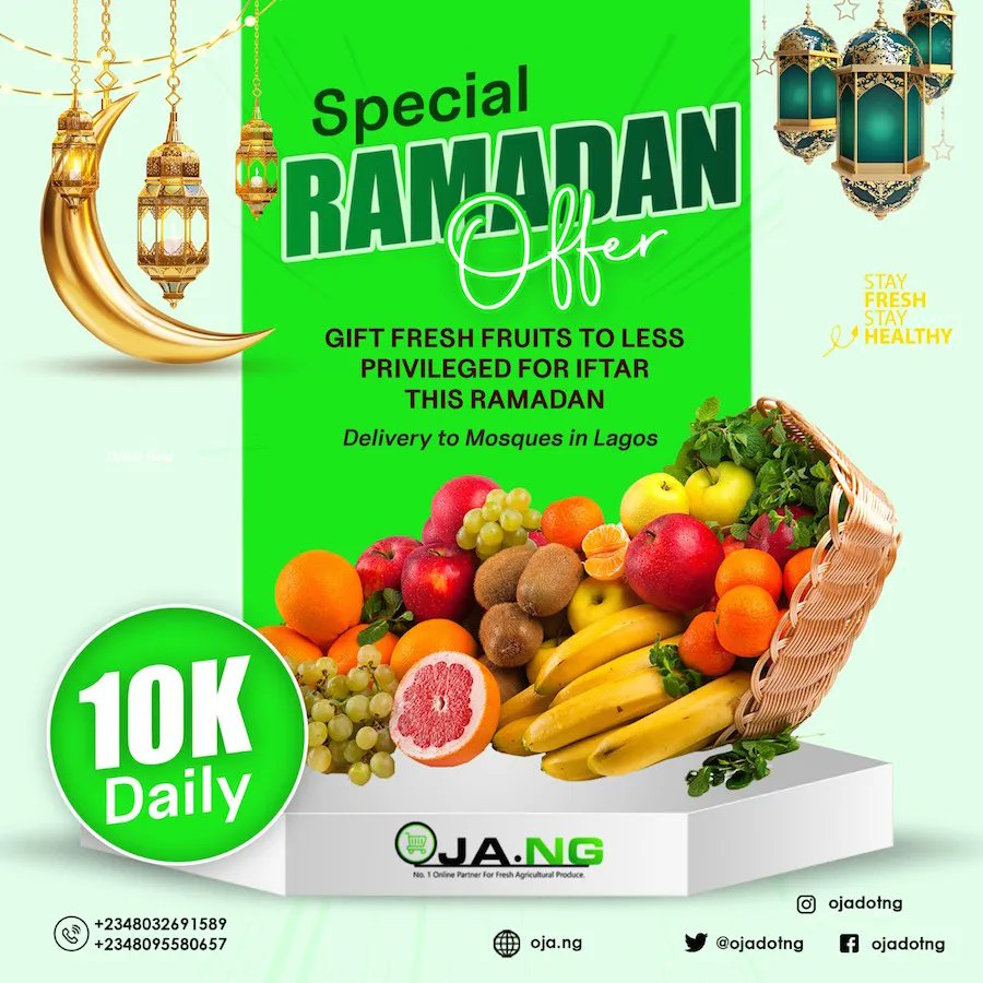 ojadotng's tweet photo. Hello Oja Fam!
We're still delivering fruit baskets to your friends, family and Mosques of choice this Ramadan. Remember you can now order for fruit baskets diectly on whatsapp to 09012906656 today. With #10,000 share happiness with your loved ones!
#RamadanKareem https://t.co/VbV2MjNpX6