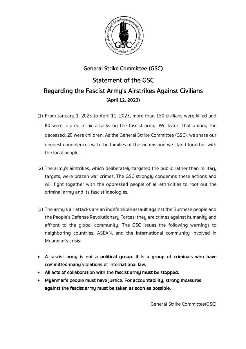 GenStrikeCom's tweet photo. GSC statement today regarding #AirStrikes against civilians in #Myanmar 

❌A Fascist Army is NOT a Political Group❌

#GSC #WhatshappeninginMyanmar https://t.co/Wx20D91TBj