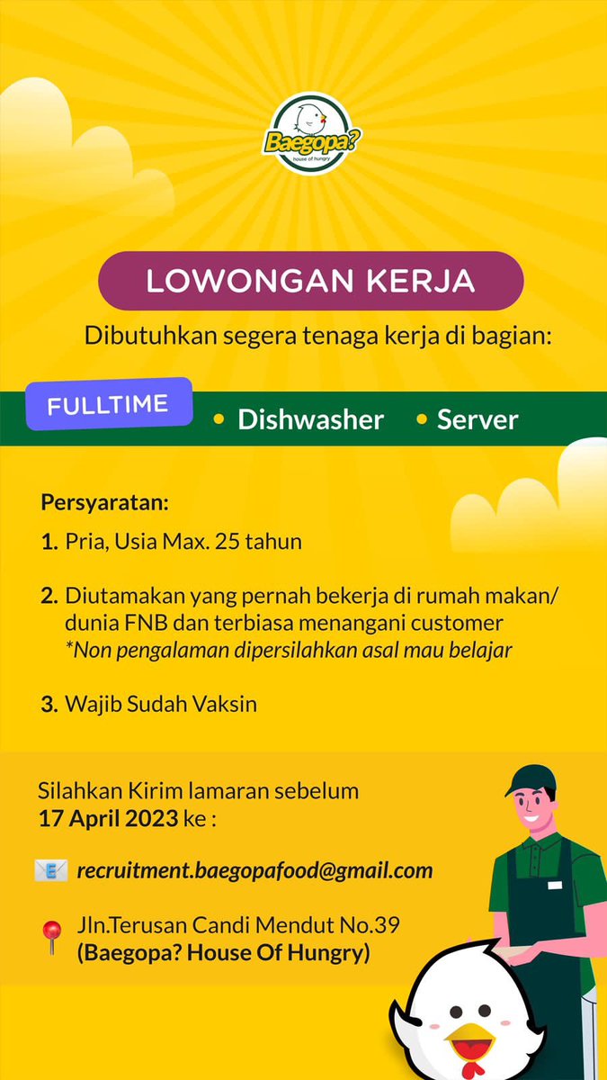 Dibutuhkan segera tenaga kerja di bagian dishwasher dan server dengan ketentuan di bawah ini.
⠀
Kirim lamaran ke email yg tercantum yaa!✨
#lokermalang #lowkermalang #lowonganmalang