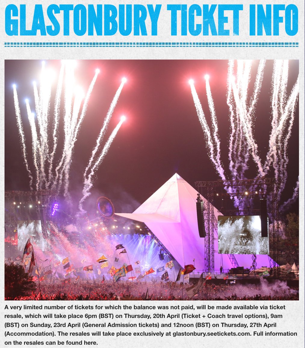 📢 #GLASTONBURY 2023 TICKET RESALE: 

⏰ 6pm (BST) on Thursday, 20th April (Ticket + Coach travel options)

⏰ 9am (BST) on Sunday, 23rd April (General Admission tickets)

⏰ 12noon (BST) on Thursday, 27th April (Accommodation)
