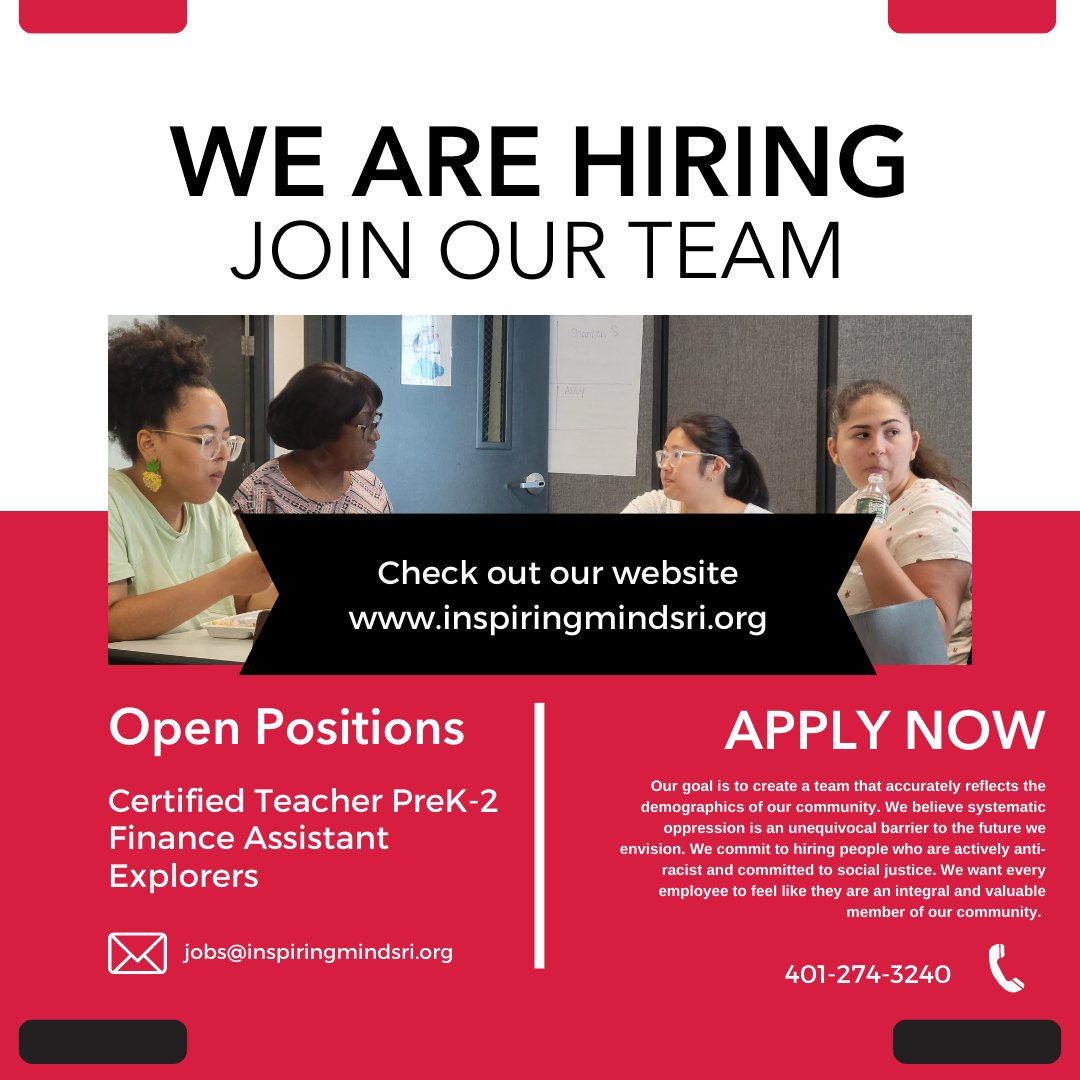 Summer jobs! We are looking for four early childhood teachers this summer. 

Youth are encouraged to apply to Explorers.

 Learn more about our opportunities inspiringmindsri.org