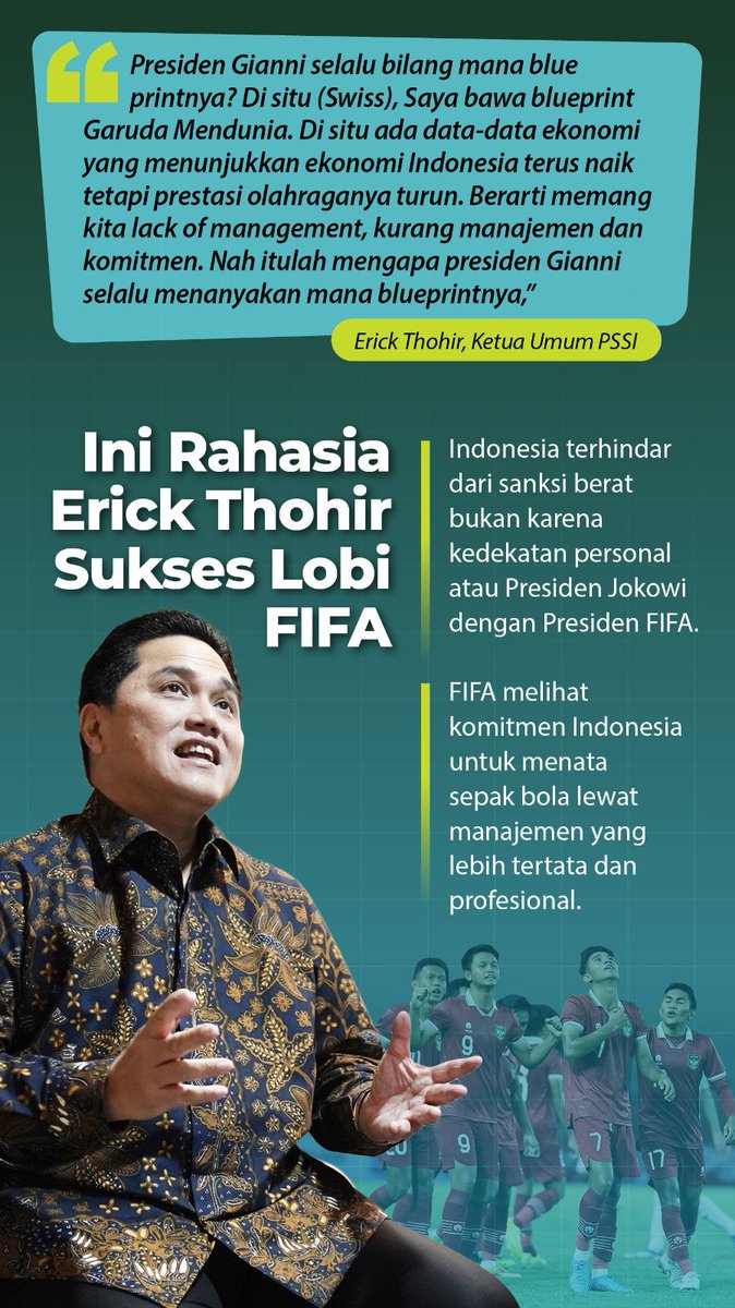 Erick Thohir Ungkap Rahasia di Balik Kesuksesan Lobi FIFA.
Bukan krn kedekatan personalnya atau Presiden Jokowi dgn Presiden FIFA tapi krn komitmen Indonesia unk menata sepak bolanya lewat manajemen yg lebih tertata dan profesional.
#GueBarengErickThohir
katadata.co.id/ujisukma/info/…