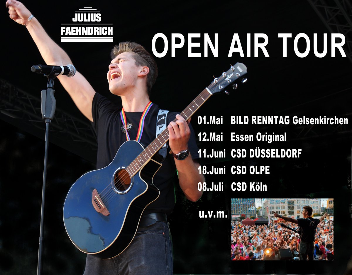 Endlich ist e soweit, unser Deutschpop Act JULIUS FAEHNDRICH startet ab 1. Mai seine OPEN AIR TOUR 2023. Am 21.4.  VÖ  der Single "FLASHBACK"
01.Mai BILD RENNTAG Gelsenkirchen
12.Mai ESSEN ORIGINAL
11.Juni CSD Düsseldorf
18.Juni CSD Olpe
08.Juli CSD Köln
lnkd.in/e_aHdcQY