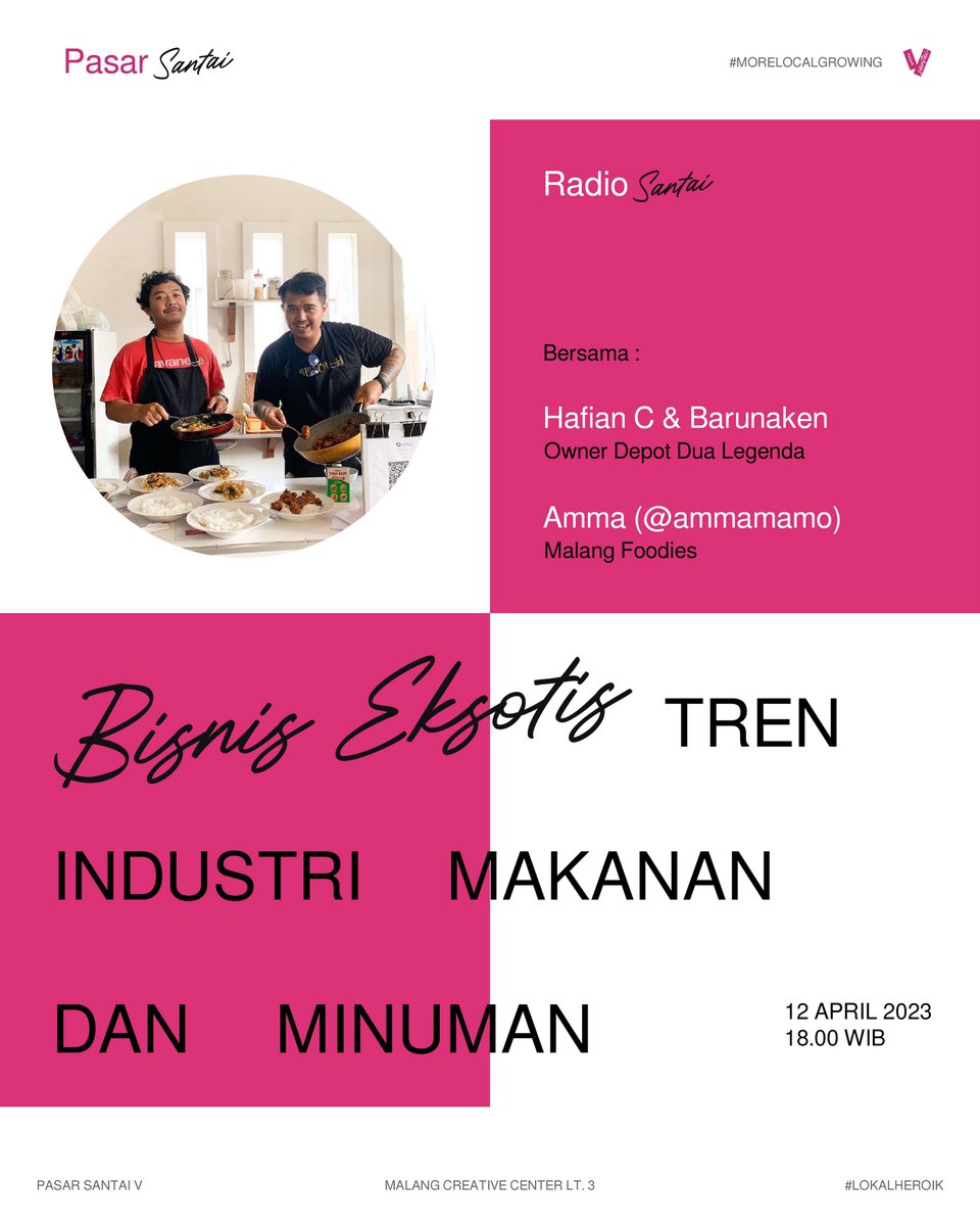 pasarsantaimlg's tweet photo. Radio Santai engkok ba’da magrib bareng Hafi, Barunaken (@depot2legenda) dan mbak @foodyfloody aku yakin iki kapiken judul, engkok obrolane yoo santai santai ngglambyar kyk biasae laaaaah 🤣.

#MoreLocalGrowing https://t.co/0iH7fg7cvm