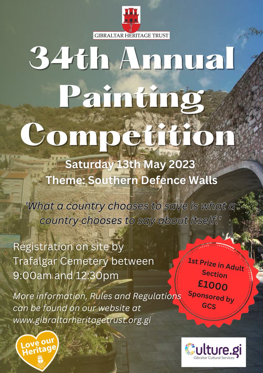 GibCulture's tweet photo. GCS is proud to sponsor the Adult 1st Prize in the @GibHeritage Painting competition. Don't miss this amazing day out, perfect for getting creative with your family and friends! #whatson #gibraltar #paintingcomp https://t.co/TSOdZdqNCX
