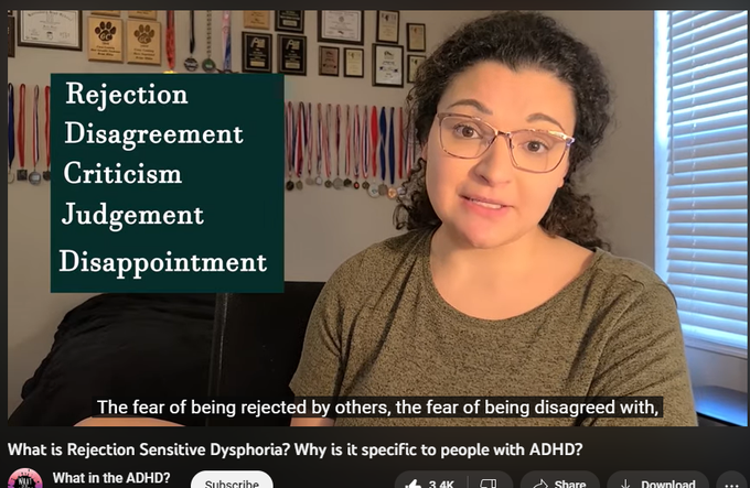 44,059 views  13 Jan 2021
Do you hate the thought of being rejected? Do you take it personally when someone gives you constructive criticism? Do you often feel like a disappointment to others or to yourself? When you were a child, were you constantly getting in trouble because you were unorganized, messy, forgetful, and/or hyper? You may want to check out this video. 

Rejection Sensitive Dysphoria (RSD) is an often-overlooked ADHD trait. In this video, I describe what RSD is and what it's like to deal with it on a daily basis, which areas of your life can be affected by it, how and why people with ADHD develop RSD, and ways we can "fix" it.

Not to be confused with "emotional dysregulation", RSD is very specific to people with ADHD (and Autistic individuals in some cases.) 

*Please note that I am not a doctor, psychologist, psychiatrist, or anything of the like. I'm just an adult with ADHD and I'm REALLY into researching and learning about ADHD. The purpose of my videos is to educate