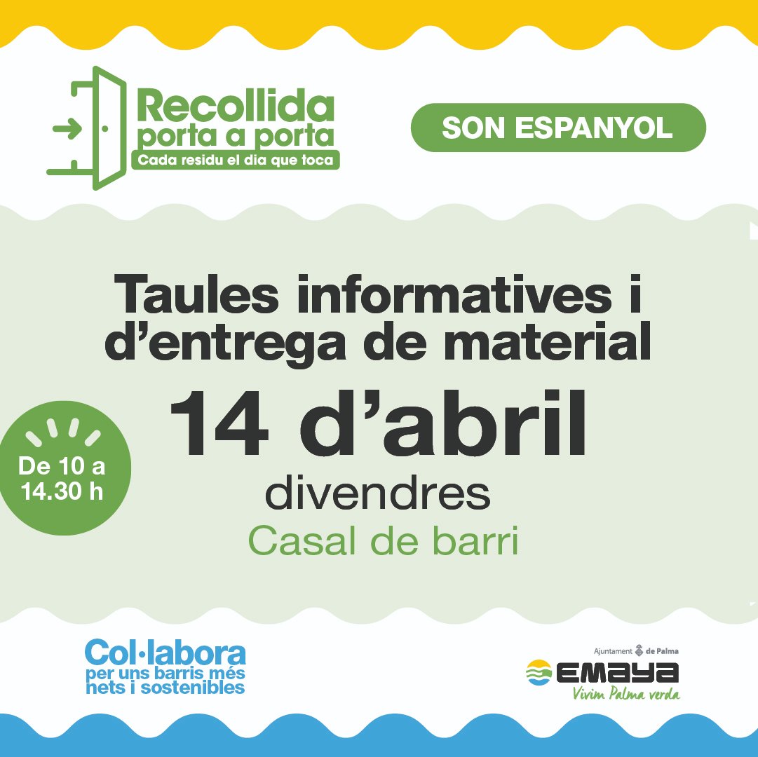 Toc-toc! 👋Vius a Son Espanyol? 

La recollida selectiva arriba a ca teva! 

🗣️Informa-te'n i recull el material a la taula del 🗓️ 14 d'abril al Casal de Barri 📍 de 10 a 14.30 h