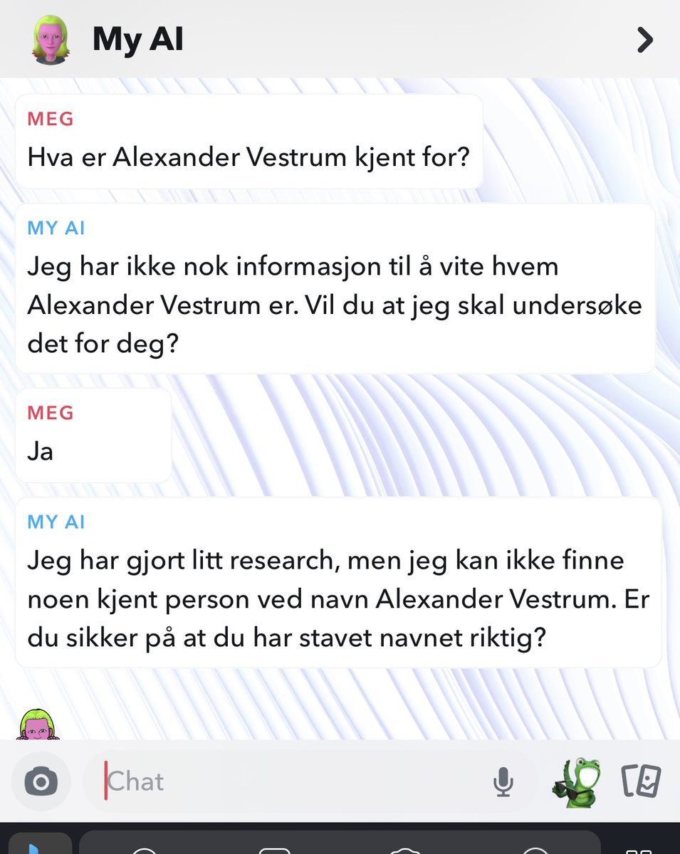 avestrum's tweet photo. Litt skuffet over Snapchats nye AI... Men kanskje like greit å ikke være en kjent person. 😃 #antikjendis #snapchat #snapchatai #myAI #MyAIBot https://t.co/u4lnvoM09W