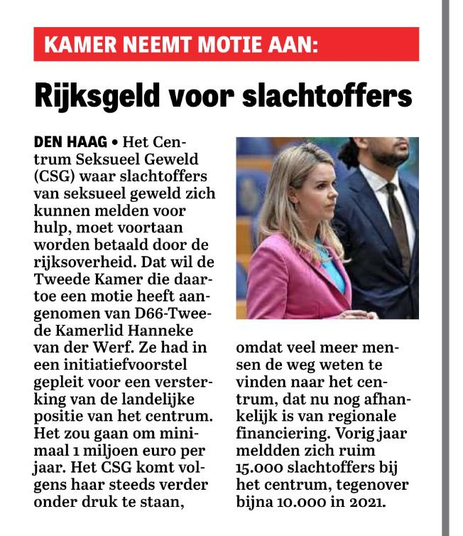 We zijn super blij met deze steun voor ons werk! Het is van groot belang dat we slachtoffers van seksueel geweld 24/7 kunnen blijven helpen. Daarom is het heel fijn dat de Tweede Kamer dit initiatief van <a href="/D66/">D66</a> <a href="/hannekevdwerf/">Hanneke van der Werf</a> steunt.