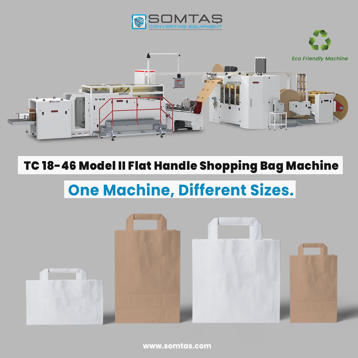 One machine, different sizes. TC 18-46 MODEL II is a new type of block bottom paper bag making machine with Full Servo.

#Somtaş #TeamSomtaş #machine #paper #paperpackaging #paperbags #flathandlepaperbags #blockbottompaperbags #ecommerce #satchelpaperbags #flexoprinting