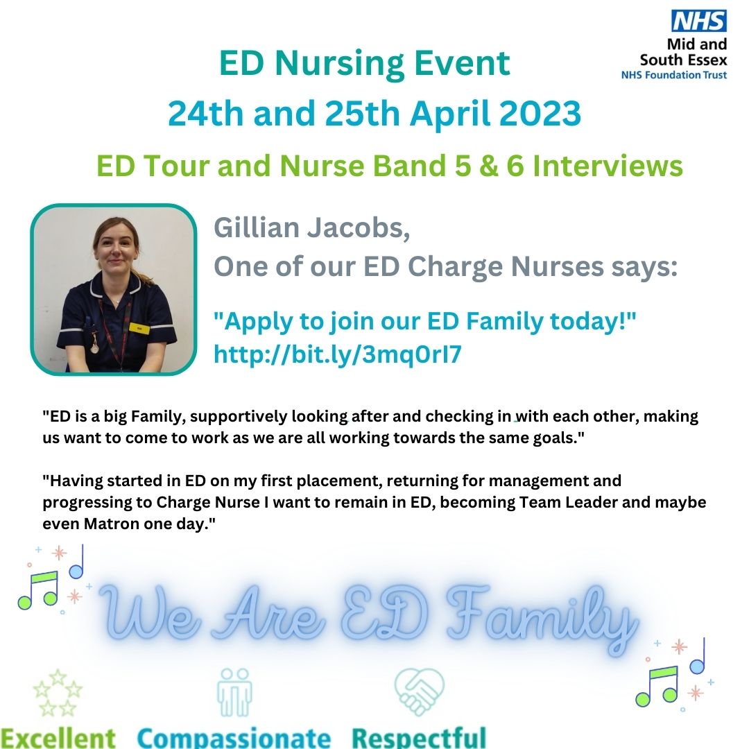 Interested in a Nursing role in ED!

Basildon ED are holding an ED Nursing event 

24th/24th April including an ED Tour and Nurse band 5 & 6 Interviews.

Apply Now
 bit.ly/3mq0rI7

#EDfamily  #nhs #NursingJobs
