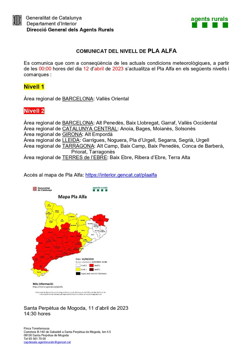 Activat el nivell  del #PlaAlfa a la nostra comarca per perill d’incendi !!
En cas que observeu un incendi forestal o una columna de fum, truqueu el més aviat possible el 112.