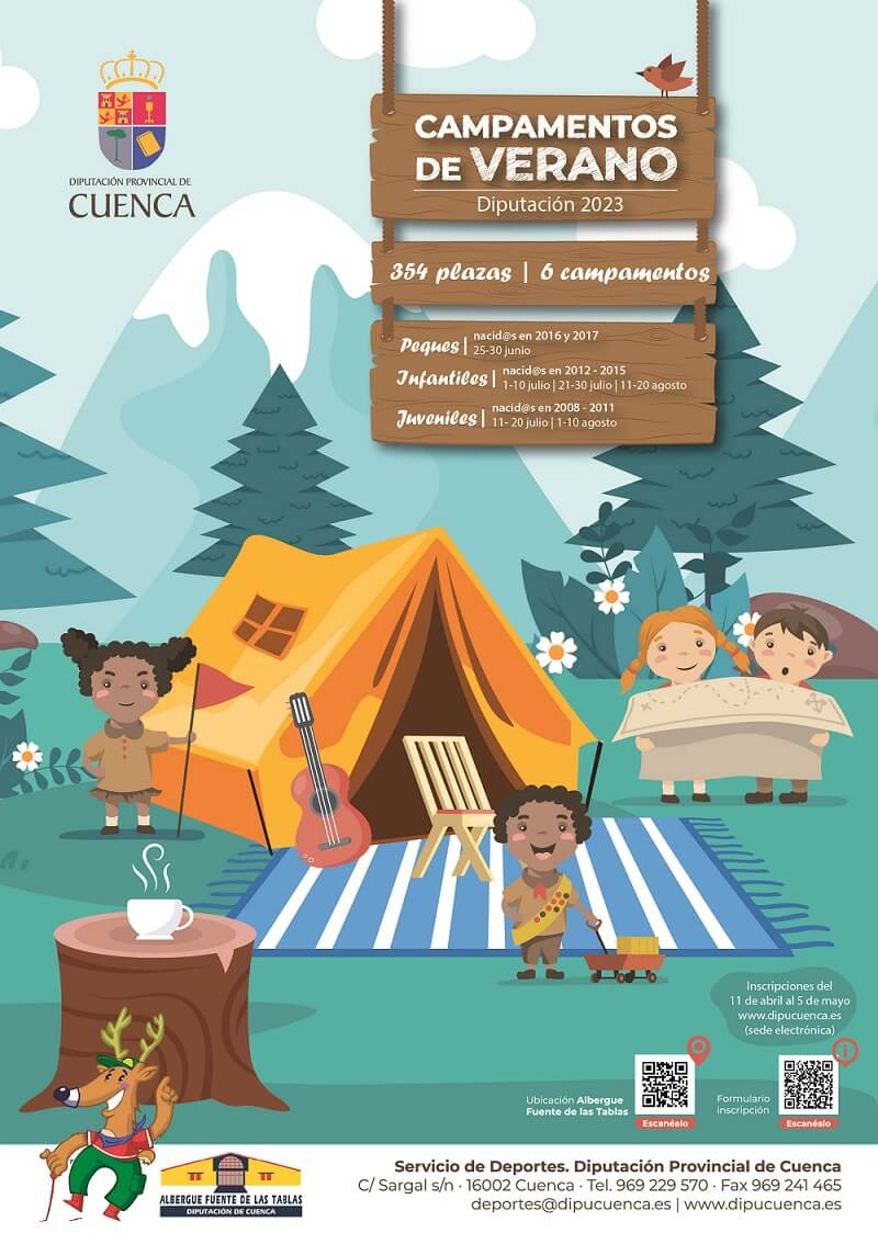 🚨 La Diputación de #Cuenca ofrece sus #campamentos de verano 2023 
🗺️ Albergue Fuente de las Tablas 
🚸 niños y niñas de 6 a 15 años 
📅 entre el 25 de junio y el 20 de agosto
✅ Inscripciones del 11 de abril al 5 de mayo
campamentos.info/Noticias/campa…
