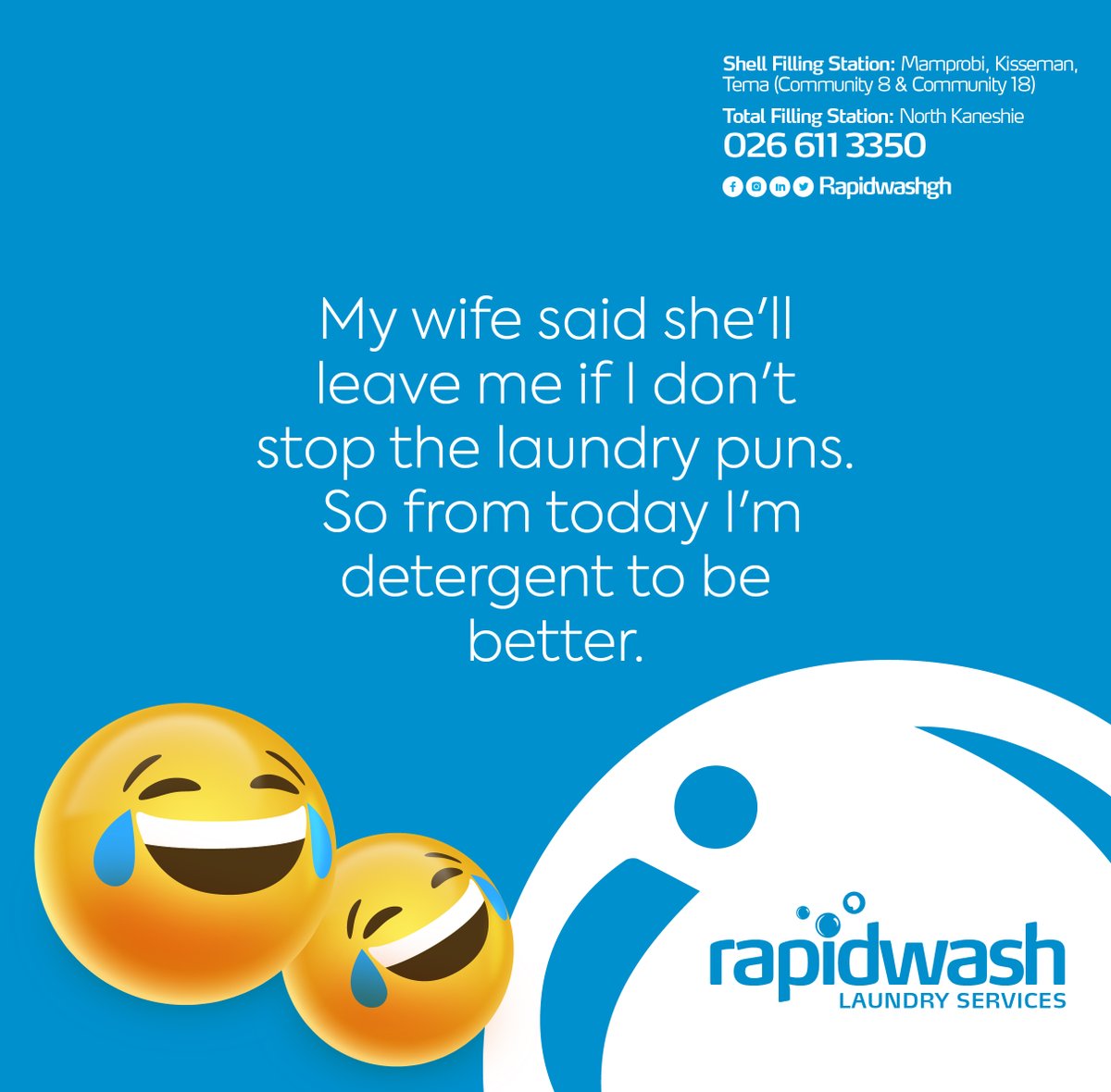 Wednesdays call for a little bit of puns to lighten up a busy week😂🤣

#Rapidwashgh #washmoreworryless #shellfillingstation #totalfillingstation #ghana #laundryservice #wednesdayvibes #affordable #convenient #nearyou