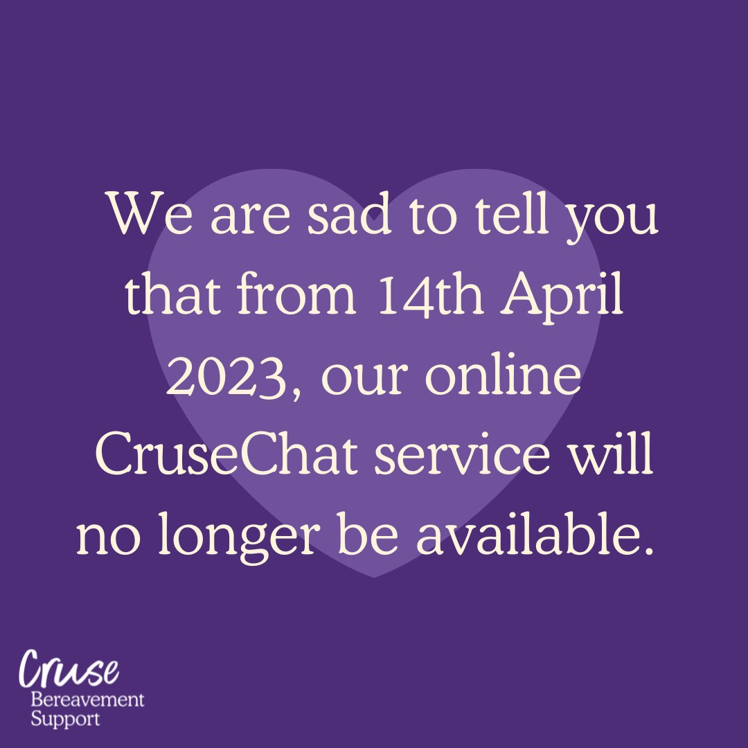 CruseSupport's tweet photo. We are deeply saddened to share that our online chat service, Crusechat, will close on the 14th of April, 2023 💜

To prevent further reductions to our vital services, you can help us today. If you can, please donate here 👇

https://t.co/9ItbnDzVKr https://t.co/e9mRKwyT8u