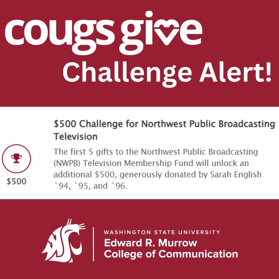 MurrowCollege's tweet photo. #CougsGive 2023 can't start without a challenge for @NWPBroadcasting !
Make your gift for public radio or television at https://t.co/ilZHDi4Kyu, & encourage your colleagues, family, & friends to do the same! Let's help unlock @crimgraycougar 's challenges!
#NWPB #GoCougs https://t.co/DGlmBqt1Co