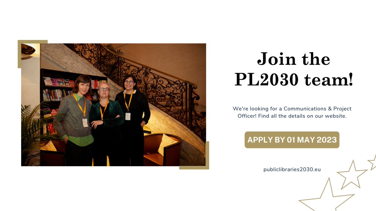 📣 We're hiring! Could you be the next #PL2030 team member?

We're looking for a #communications &amp; #projects officer to join our team around June 1.

Find out all the details 👇
publiclibraries2030.eu/2023/04/comms-…