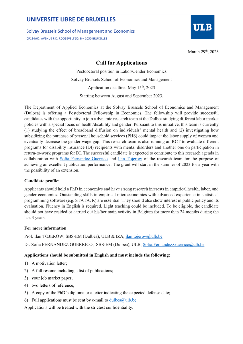 Dulbea_Ulb's tweet photo. 📷📷CALL FOR APPLICATIONS #Postdoc in Labor/gender #Economics
@Dulbea_Ulb @ULBRecherche
part of a research project led by @sofia_sfg  @tojilan  
Applications deadline: 15 May 2023  More info below &amp; at dulbea@ulb.be  #EconTwitter https://t.co/JnEm6O4akL