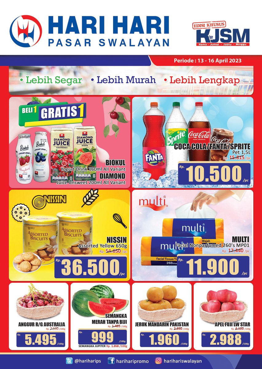 hariharips's tweet photo. Promo KJSM Halaman 1 – 4 Periode 13 – 16 April 2023  berlaku di seluruh cabang HARI HARI Pasar Swalayan, kunjungi cabang terdekat kami &amp; selamat berbelanja. https://t.co/hb2TH8nXGf