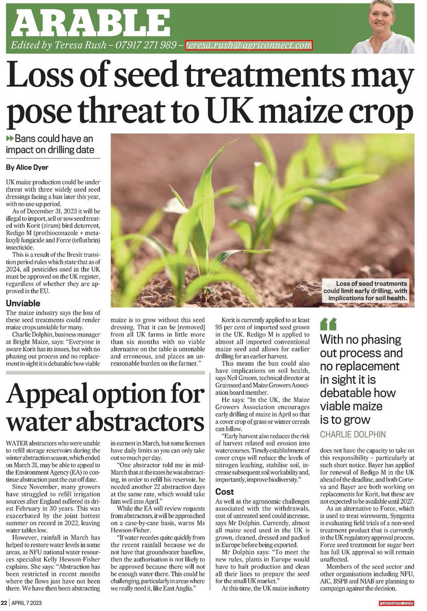 Our business manager - Charlie Dolphin - was interviewed in Farmers Guardian about the proposed ban on Korit and other important maize seed treatments. 

The full piece is available below ⬇️🌽

<a href="/maizegrowers/">Maize Growers Association</a> @MASSeeds <a href="/ArableFarming/">ArableFarming</a> <a href="/LGSeedsUK/">LGSeedsUK</a> <a href="/FarmingUK/">FarmingUK</a> <a href="/NFUtweets/">National Farmers' Union</a> 
#farminguk