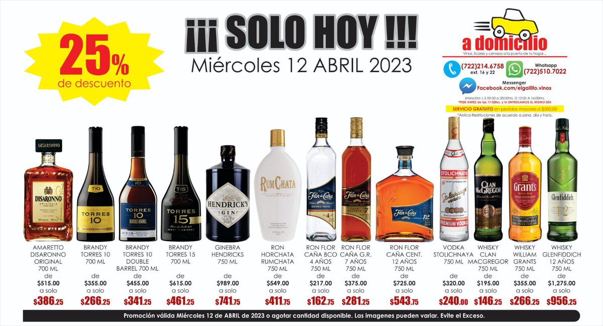 vinoselgallito's tweet photo. SOLO HOY…
#solohoy #miercoles #promociones #amigallitos #servicioadomicilio #disaronno #torres10 #torres15 #hendricks #rumchata #flordecana #stolichnaya #clanmacgregor #grants #glenfiddich #licor #brandy #gin #ron #whisky https://t.co/jyQpn5JoVQ